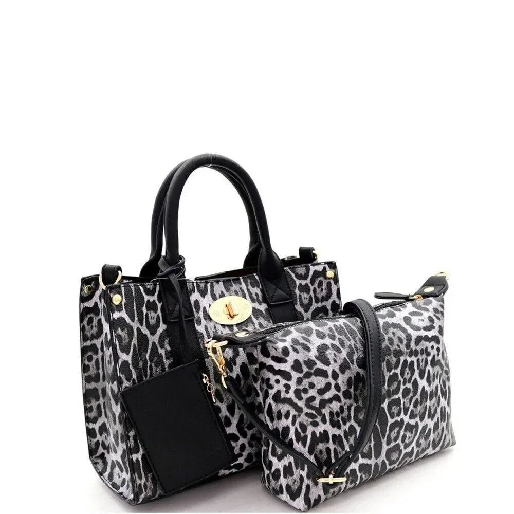 Fashion 3 pcs Black Handbag Set Leopard Print Tote Medium Satchel Bag